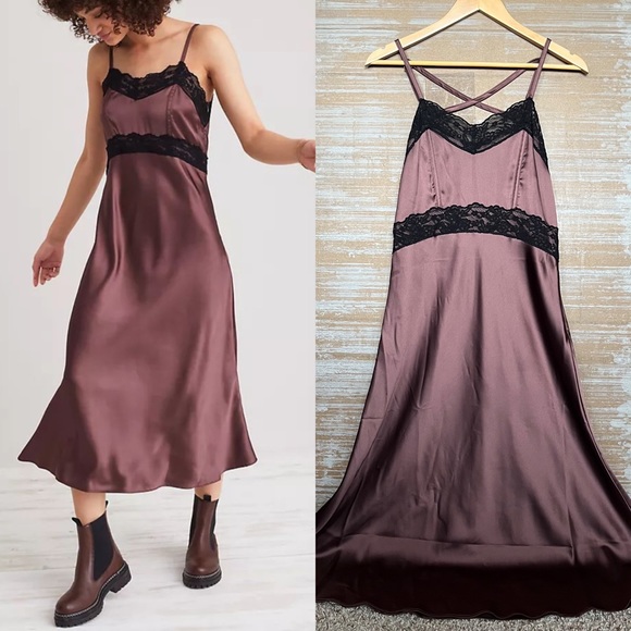 Anthropologie Lace Slip Midi Dress Mauve Sexy Night Out Chic Womens 4 - Picture 1 of 6